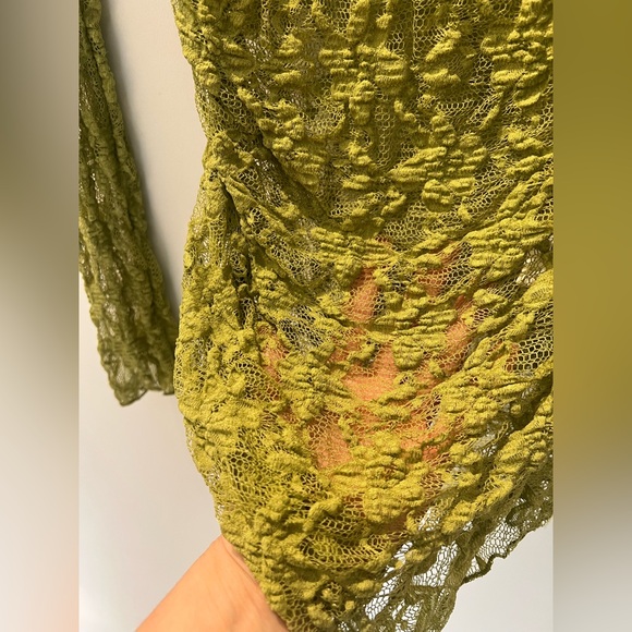 ZARA Off-Shoulder Pistachio Lace Top — Semi Sheer, Ruched, (Sz M, Fits S) - Picture 8 of 10